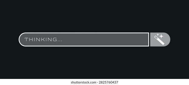 Minimalist vector design of a progress bar labeled 'THINKING...' with a magic wand icon on a dark background.