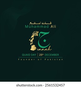 A minimalist vector design for "Quaid Day" on 25th December, featuring Urdu calligraphy, the name "Jinnah," and celebrating Muhammad Ali Jinnah as the founder of Pakistan.