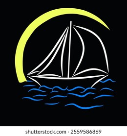 minimalist vector design of a sailboat on blue waves under a yellow crescent moon, set against a black background. Ideal for nautical themes, logos, or graphic art projects.