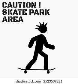 Diseño de Vector minimalista un icono de skateboarder con el pelo con púas y atrevido `Caution! Texto de Skate Park Área. para gráficos urbanos, de cultura callejera y de seguridad.