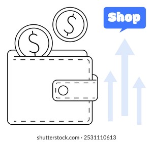 A minimalist vector design of a wallet with coins. Growth arrows and a blue shop bubble add context. Ideal for e-commerce, finance, budgeting, shopping, and online transactions. Frequently used to