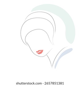 Minimalist vector design of a woman's face with black lines with sensual lips and abstract colored strokes. Graceful female face for logo, cosmetics, perfume, beauty. Silhouette of feminine tenderness