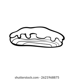 Minimalist vector doodle of an eclair with shiny glaze and cream filling. Clean, outlined style. Ideal for bakery designs, dessert menus, or sweet-themed products. Flat vector illustration.