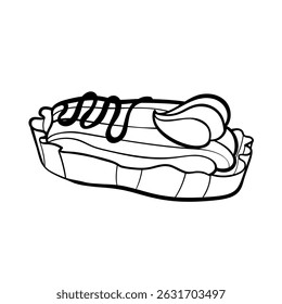 Doodle vetor minimalista de um eclair com esmalte brilhante e enchimento de creme. Estilo limpo e contornado. Ideal para projetos de padaria, menus de sobremesa ou produtos com temas doces. Ilustração de vetor plano.