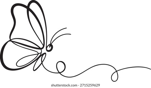 Dibujo de Vector minimalista de hermoso insecto. Arte de contorno de alas de mariposa simétricas. Diseño sencillo de garabatos que evoca la transformación y la libertad. Ilustración estética perfecta para impresión decorativa o marca. Trazo continuo aislado sobre fondo transparente listo para aplicaciones gráficas.