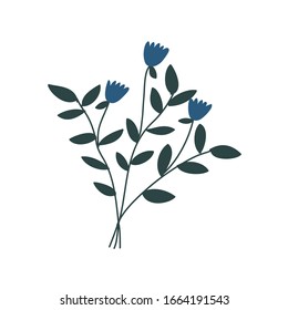 Minimalist vector drawing of blue flower with green leaves. Depiction of plant. Floral. Decoration for cards, posters, invitation. Botanical illustration.