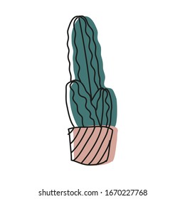 Dibujo vectorial minimalista de cactus en olla rosa con rayas. Representación de la planta macedonia. Ilustración botánica. Suculento, cactus. Naturaleza.