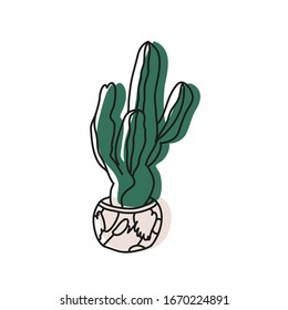 Minimalist vector drawing of cactus in pot with abstract ornament. Potted plant. Botanical illustration. Succulent, cacti. Nature.
