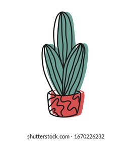 Minimalist vector drawing of cactus in red pot with abstract ornament. Botanical illustration. Succulent, cacti. Nature.