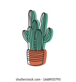 Dibujo vectorial minimalista de cactus en cacerolas rayadas. Ilustración botánica. Cacti, suculento, naturaleza. Planta de cerámica.