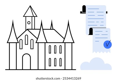 Um desenho vetorial minimalista de um castelo com altos pináculos, ao lado de um pergaminho com marcas de verificação azuis em nuvens. Ideal para educação, fantasia, temas medievais, manutenção de registros, narrativa