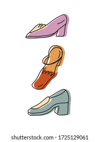 Dibujo vectorial minimalista de diferentes zapatos. Representación del calzado. Colección de zapatos de moda. Elemento decorativo. Ilustración de moda.