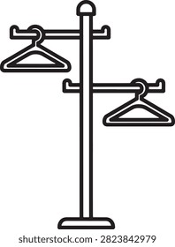 Minimalist vector drawing of a freestanding hanger rack holding two empty hangers.