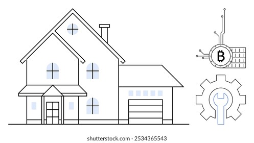 A minimalist vector drawing of a modern house, paired with icons representing blockchain technology and automation systems. Ideal for technology, real estate, home automation, digital security