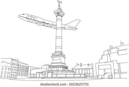 Desenho vetor minimalista da histórica Coluna de julho de Paris e um avião, combinando arquitetura clássica com viagens globais.