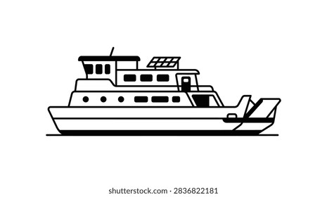 A minimalist vector drawing of a passenger ferry boat with a ramp and solar panels on the roof, isolated on a white background