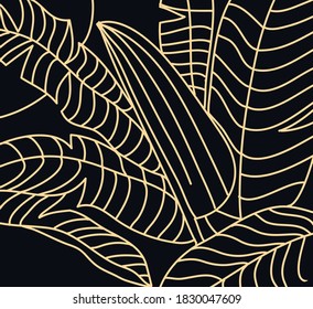 Minimalist vector drawing of plant leaves. Depiction of foliage on black background. Line art. For cards, posters, stationery.