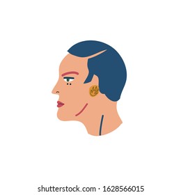 Minimalist vector drawing with profile portrait of a girl. Girl with blue hair and retro haircut. Hand drawn illustration with woman's face.