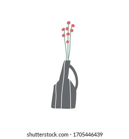 Minimalist vector drawing of red flowers in striped vase. Floral illustration. Decoration for stationary.