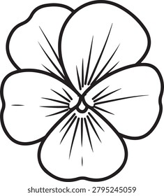 Minimalist vector drawing of a stylized pansy flower featuring five rounded petals and central lines radiating from the middle.