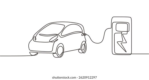 Estação de carregamento de carro elétrico vetor minimalista. Transportes Sustentáveis Tecnologia Futura Um Desenho De Linha.
