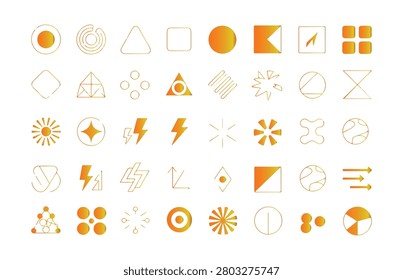 Minimalist vector elements set featuring celestial symbols. Lightning bolts. Orbs and linear geometric forms.