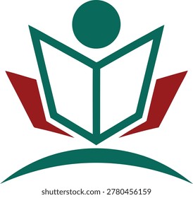 Minimalist vector emblem featuring an abstract teal figure reading an open book with red accent wings and a curved foundation line. Clean, human-centered design symbolizing literacy, empowerment, growth, and accessible education. Perfect for literacy nonprofits, reading programs, tutoring services, community colleges, adult education, ESL platforms, public schools, and educational NGOs. Covers literacy, human-centered learning, social impact, and community education markets. Ideal for logos, app icons, badges, campaign branding, and nonprofit identities.