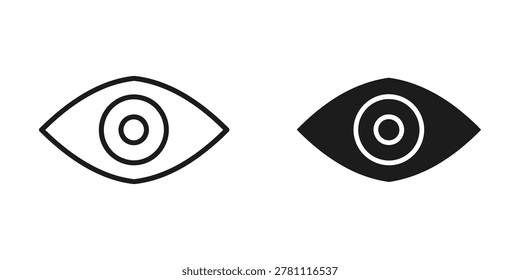 Minimalist vector eye icon featuring a black filled eye with white concentric circles in the pupil, suitable for medical, design, or illustrative purposes.