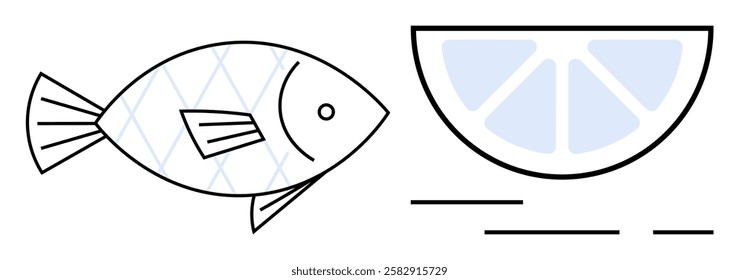 Minimalist vector fish and lemon slice emphasizing simplicity and health benefits. Ideal for culinary themes, seafood restaurants, nutrition guides, recipe blogs, diet apps, educational materials