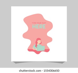 Minimalist vector flat character design on business woman working in office behind her desk with laptop. Business woman using laptop