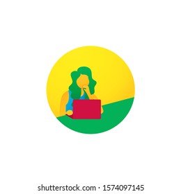 Minimalist vector flat character design on business woman working in office behind her desk with laptop. Business woman using laptop
