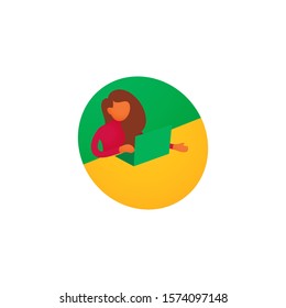 Minimalist vector flat character design on business woman working in office behind her desk with laptop. Business woman using laptop