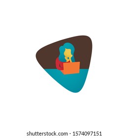 Minimalist vector flat character design on business woman working in office behind her desk with laptop. Business woman using laptop