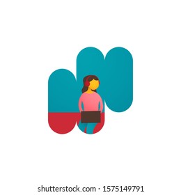 Minimalist vector flat character design on business woman working in office behind her desk with laptop. Business woman using laptop