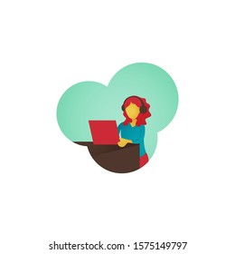 Minimalist vector flat character design on business woman working in office behind her desk with laptop. Business woman using laptop