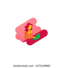 Minimalist vector flat character design on business woman working in office behind her desk with laptop. Business woman using laptop