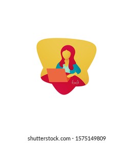 Minimalist vector flat character design on business woman working in office behind her desk with laptop. Business woman using laptop