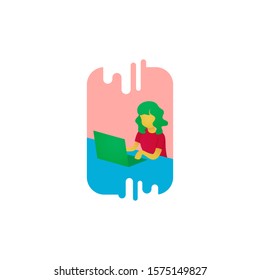 Minimalist vector flat character design on business woman working in office behind her desk with laptop. Business woman using laptop