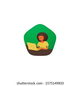 Minimalist vector flat character design on business woman working in office behind her desk with laptop. Business woman using laptop