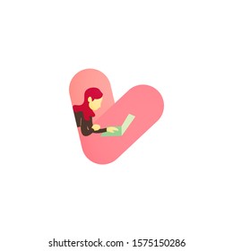 Minimalist vector flat character design on business woman working in office behind her desk with laptop. Business woman using laptop