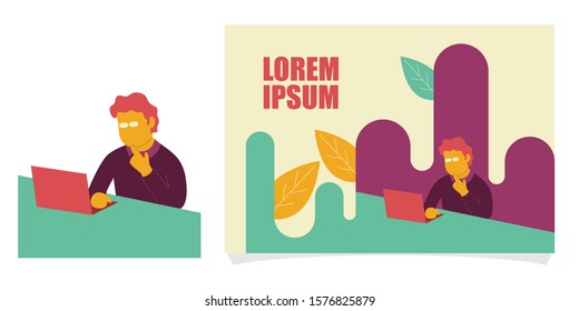 Minimalist vector flat character design on businessman working in office behind his desk with laptop. Man using laptop. Colorful vector illustration for website design or landing web page banner.