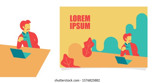 Minimalist vector flat character design on businessman working in office behind his desk with laptop. Man using laptop. Colorful vector illustration for website design or landing web page banner.