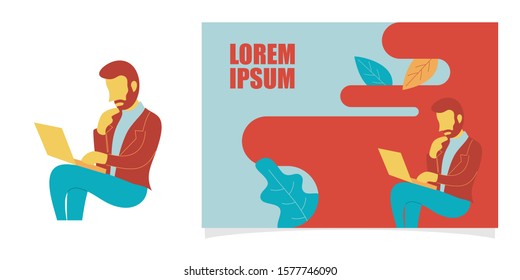 Minimalist vector flat character design on businessman working in office behind her desk with laptop. Man using laptop. Colorful vector illustration for website design or landing web page banner