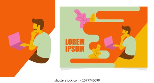 Minimalist vector flat character design on businessman working in office behind her desk with laptop. Man using laptop. Colorful vector illustration for website design or landing web page banner