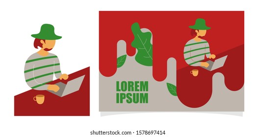 Minimalist vector flat character design on businessman working in office behind her desk with laptop. Man using laptop. Colorful vector illustration for website design or landing web page banner