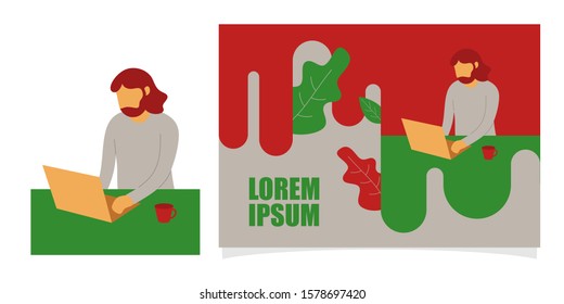 Minimalist vector flat character design on businessman working in office behind her desk with laptop. Man using laptop. Colorful vector illustration for website design or landing web page banner