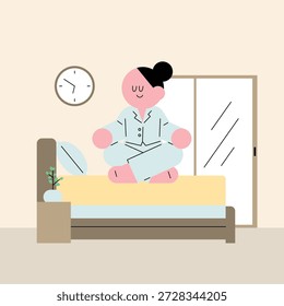 Ilustración plana de Vector minimalista de un lindo personaje meditando en una cama por la mañana con un pijama azul claro para una rutina de la mañana milagrosa saludable y bienestar mental en un dormitorio acogedor con un reloj de pared y una Pequeña planta para las metas de año nuevo 2026 y el estilo de vida de autocuidado.