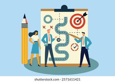 Minimalist Vector. Flat illustration of a diverse team working together on a strategic plan. Simple and clean design for websites and presentations.