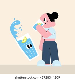 Minimalist vector flat illustration set of a cute character engaging in healthy morning routines including meditating in bed, stretching on a yoga mat with plants, and drinking fresh lemon water for hydration and detox to achieve 2026 wellness goals and maintain a productive self care lifestyle at home.