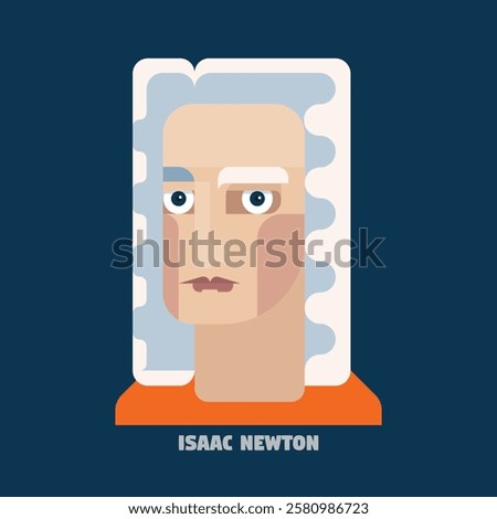 Minimalist vector flat portrait of Isaac Newton, featuring clean lines, geometric shapes, pale colors. Polymath active as a mathematician, physicist, astronomer, alchemist, theologian, and author.